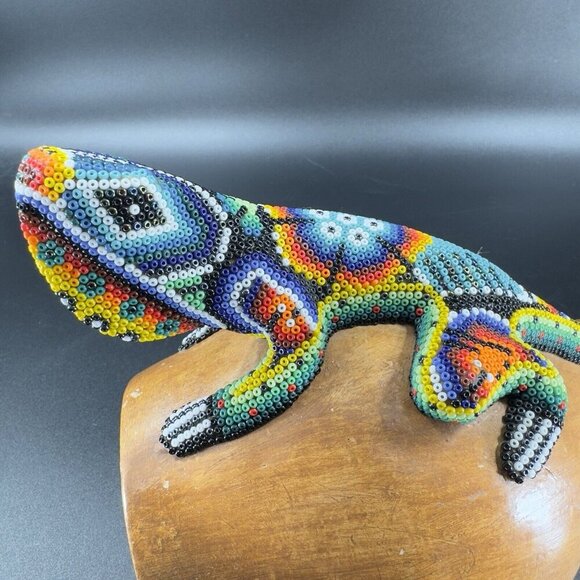 Mexican Folk Art Beaded Lizard On Pottery Wall Hanging Vase Vessel Alebrije VTG - Picture 3 of 15